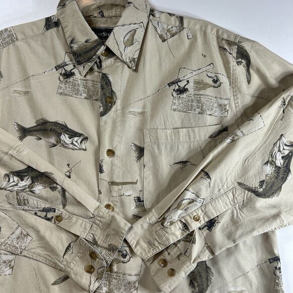 Field & Stream Shirt Mens Large Short Sleeve Fish Fishing Pole Bass Angler Beige - Picture 1 of 10